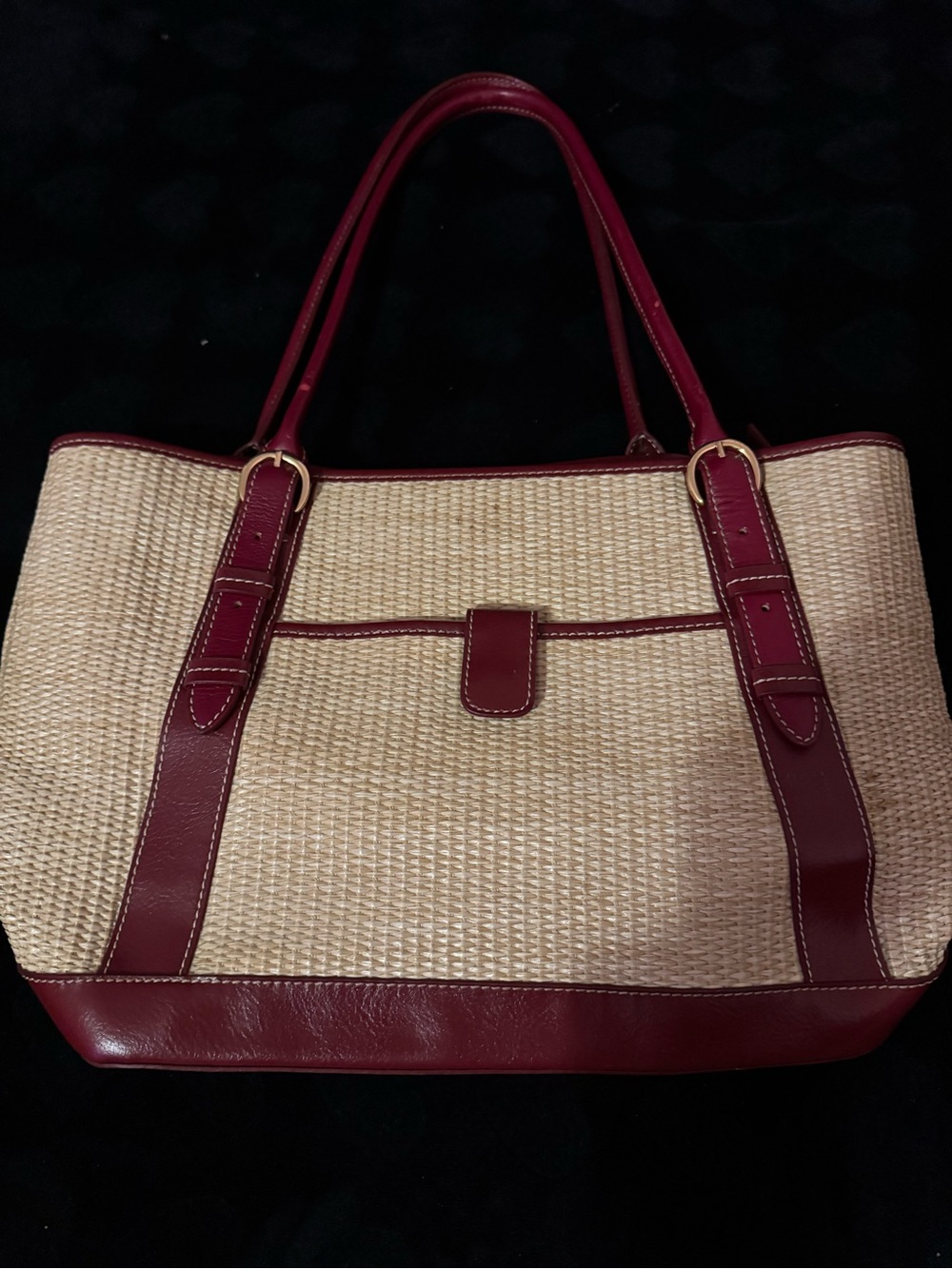 Women’s Straw Tote with Burgundy Trim
